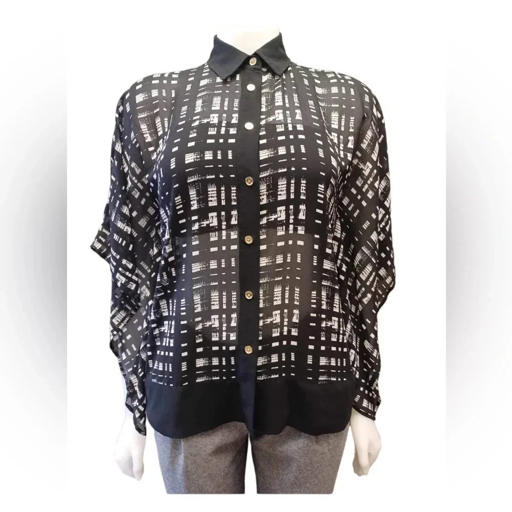 Michael Kors Black & White Short Sleeve Sheer Blouse Size  XS